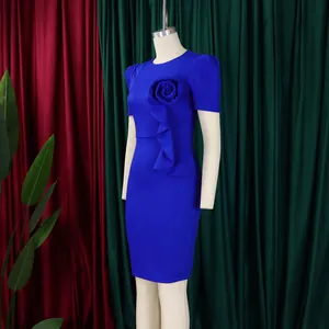 Elegant royal blue bodycon midi dress with ruffled flower detail and short sleeves
