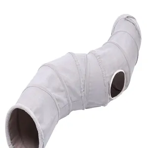 S-shaped foldable cat tunnel toy made of soft grey suede fabric with peek-a-boo hole