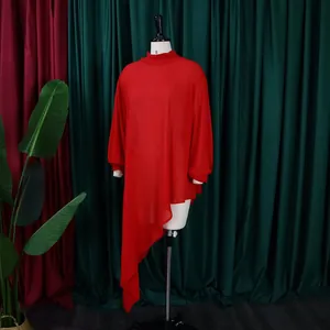 Elegant red asymmetric fashion chiffon dress with long sleeves in loose plus size fit
