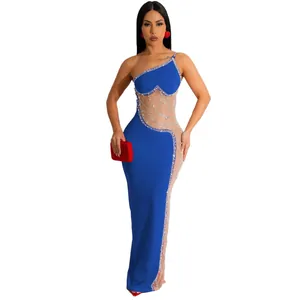 Elegante abito da sera blu monospalla con rete trasparente e dettagli in strass