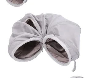 Close-up of grey suede foldable cat tunnel showing soft texture and S-type openings.