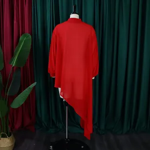 Elegant red asymmetrical chiffon dress with a loose fit, viewed from the back on a mannequin