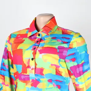 Macro view of colorful abstract print slim fit shirt featuring a sharp lapel collar