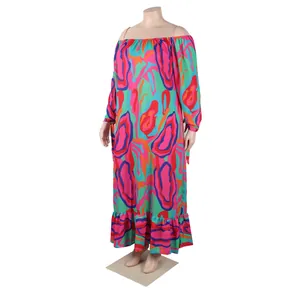 Detailed view of vibrant psychedelic print plus size off-shoulder maxi dress with long sleeves