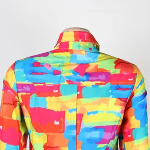 Detailed back view of a vibrant multi-colored graffiti print shirt dress collar