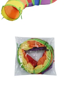 Detail view of foldable rainbow S-shaped cat tunnel toy packed in transparent bag