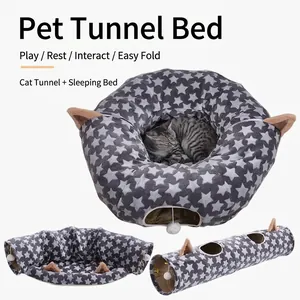 Grauer Katzentunnel Faltbar Mit Sterndruck Katzenbett Spielzeug Mit Hängendem Ball Interaktiver Plüsch Tunnel Für Katzen
