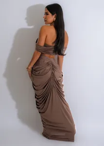 Detailed back view of a brown sexy two-piece ruched maxi skirt and tube top set