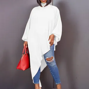 Detail view of stylish white asymmetrical loose chiffon dress with oversized sleeves