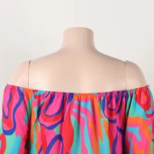 Detailed close-up of colorful abstract print off-the-shoulder sexy dress on mannequin torso