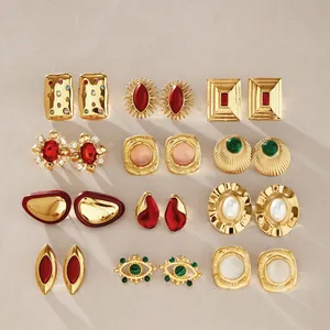 Pendientes Geométricos Minimalistas de Acero Inoxidable Chapados en Oro para Mujer Con Strass y Perla Artificial