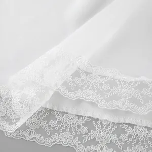 High-quality close-up of elegant white floral lace hem on smooth white satin fabric.