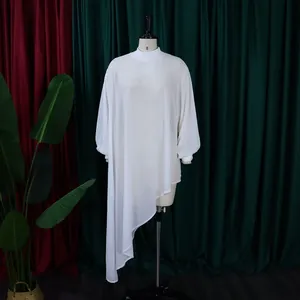Elegant white asymmetric chiffon long sleeve blouse featuring a unique irregular hemline design