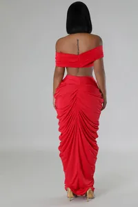 Detailed back view of a red two-piece ruched maxi dress set with off-shoulder top