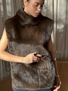 Gilet chic in finta pelliccia di visone marrone da donna, caldo top in peluche senza