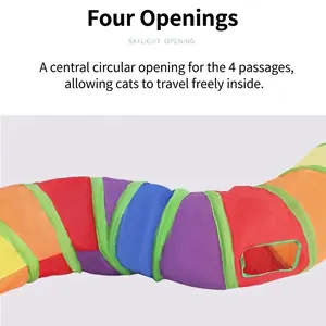 Collapsible rainbow S-shaped cat tunnel toy with four openings for active play