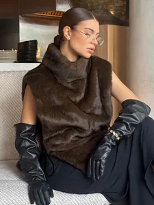 Elegante gilet in pelliccia sintetica di visone marrone per donna, canotta calda invernale