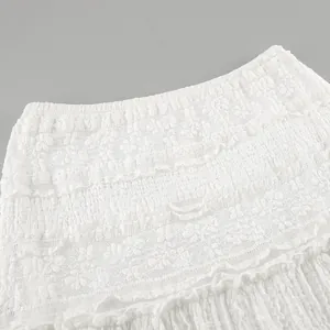 Close-up detail of white floral lace texture and elastic waistband on a French skirt