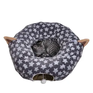 Faltbares Katzen-Tunnelbett mit grauen Sternen, weichem Plüschball und Katzenohren