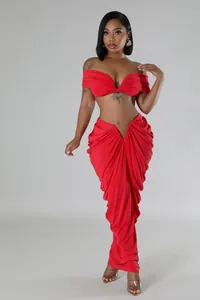 Sexy red off-shoulder two-piece set with ruched floor-length draped maxi skirt.