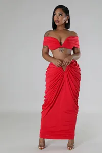 Elegant red off-shoulder ruched two-piece maxi dress set for women gala parties