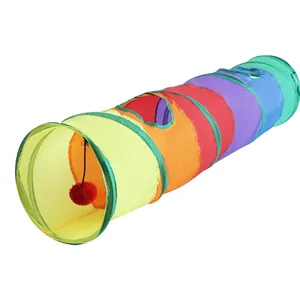Bunter faltbarer Regenbogentunnel für Katzen mit interaktivem Plüschball für Indoor-Haustiere