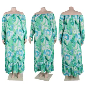 Detailed front side and back views of floral off-the-shoulder long sleeve maxi dress