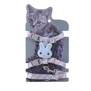 H-shaped adjustable cat harness and leash set with cute blue plush bunny decoration