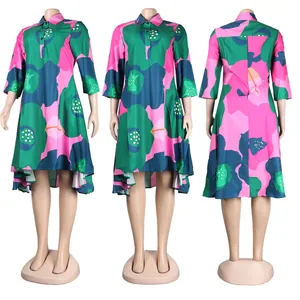 Detailed views of a vibrant floral print midi dress with a stylish high-low hem design.
