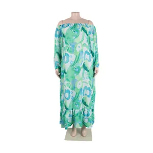 Floral off-the-shoulder maxi dress with long sleeves and ruffled hem details.