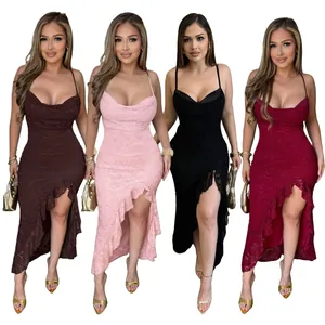 Four colors of sexy lace ruffle slit camisole maxi dresses for women's fashion.