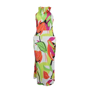 Close-up of sleeveless slim-fit maxi dress with vibrant floral print and high neckline.