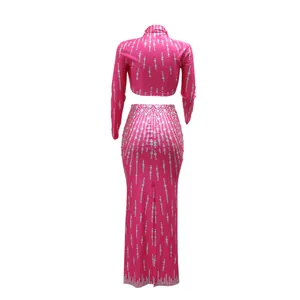 Achteraanzicht van roze bedrukte tweedelige set met crop top en lange rok