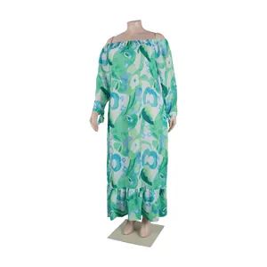 Off-the-shoulder long sleeve maxi dress with green and blue floral print on mannequin