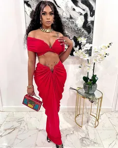 Elegant sexy red off-shoulder crop top and ruched maxi skirt two-piece set for women.