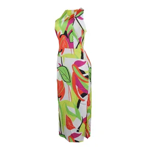 Detailed view of a vibrant tropical print sleeveless slim fit maxi dress for women