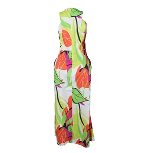 Detailed back view of a vibrant tropical leaf print sleeveless mock neck maxi dress