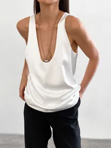 Damen Sexy Tiefer V-Ausschnitt Satin Tank Top Ärmellos Lose Seidig Glatt Camisole Sommer Pendeln Elegant Polyester Top