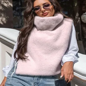 Stilvolle rosa Webpelz-Weste mit Rollkragen für Damen, gemütliche Winter-Plüschbekleidung