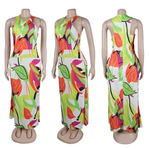 Multi-angle view of a colorful tropical print halter sleeveless maxi dress on a mannequin