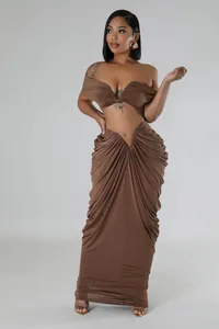 Elegant brown two-piece set with sexy off-the-shoulder top and draped ruched maxi skirt