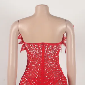 Rückansicht eines roten Bodycon-Kleides mit Perlen, Strass und Federbesatz