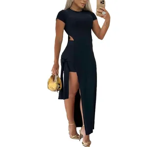 Elegant black two-piece set featuring sexy hollow-out waist and high slit skirt detail
