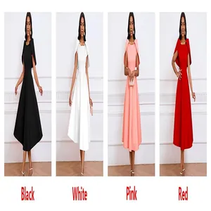 Elegant cape design party dress available in black, white, pink and red colors.