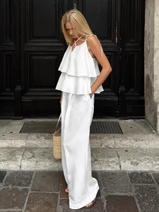 Ensemble Deux Pièces Décontracté en Coton pour Femme Haut à Manches Volantées et Pantalon Large Blanc