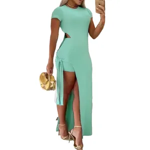 Sexy mint green cutout two-piece set with high side slit and decorative tie detail