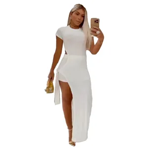 Detailed view of sexy white two-piece set with high split skirt and tie-up design