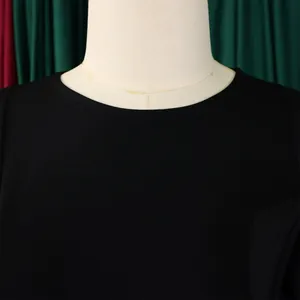 Detailed close-up showing the elegant round neckline of this black solid color dress.