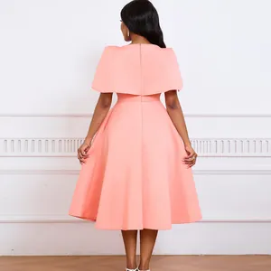 Elegant peach cape midi dress with flared skirt, ideal for parties and formal events.
