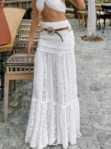 French Bohemian White Lace Tiered Maxi Skirt Elegant A-Line Floor Length High Waist Splicing Skirt For Women Autumn Vacation